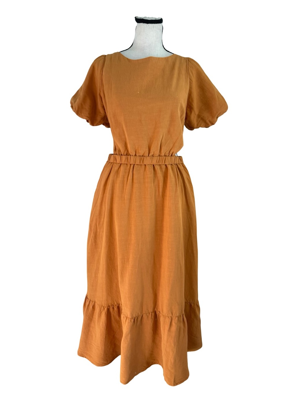 ASTR The Label Camel Linen Blend Open Back Puff Sleeve Midi Dress Pockets Size L